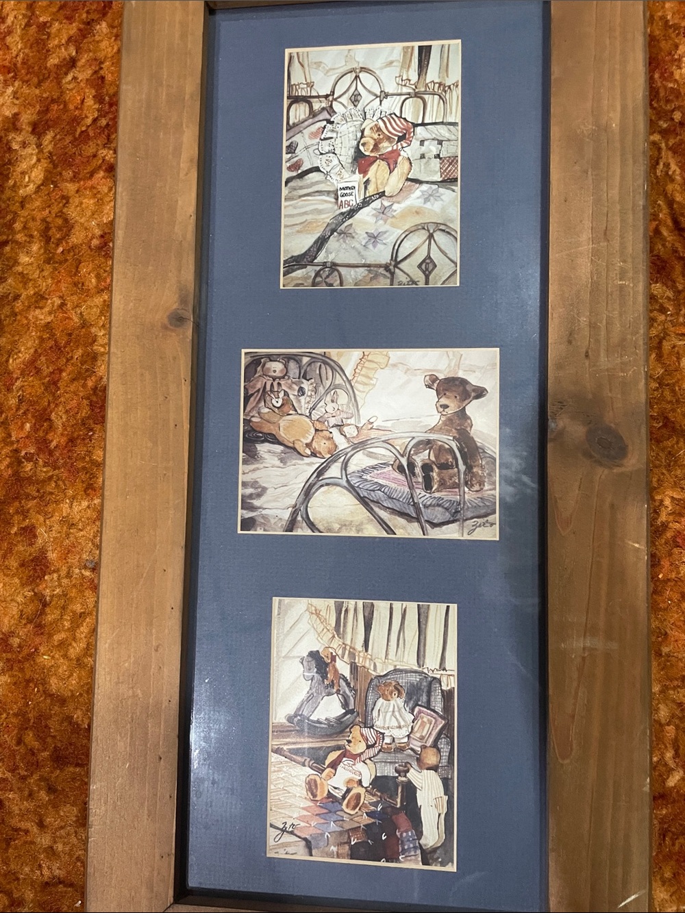Vintage framed Triptych Teddy Bear Prints in Wood Frame - Blue Mat